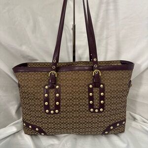 Y2K Vintage Signature Small C Studded Canvas Leather Trim Tote Brown F11532